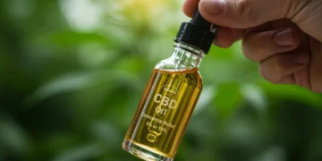 Pessoa segurando um frasco de óleo de CBD, com o rótulo indicando concentração de 5% a 10%, em um ambiente calmo e natural.