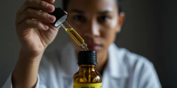Frasco de óleo de CBD com conta-gotas, simbolizando o uso e os efeitos do canabidiol a longo prazo.