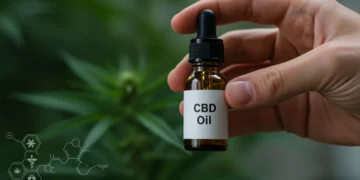 Mão segurando um frasco de óleo de CBD, com foco na autenticidade e segurança do produto.