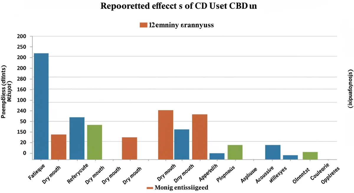 Gráfico de barras mostrando a frequência de efeitos colaterais do CBD relatados por usuários brasileiros em 12 meses.