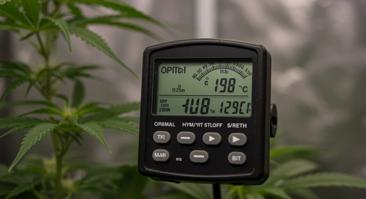 Higrômetro e termômetro digital mostrando níveis ideais de temperatura e umidade em cultivo indoor.
