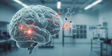 Representação artística da interação de canabinoides com o sistema endocanabinoide no cérebro humano, com elementos científicos e futuristas.