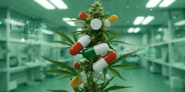 Representação gráfica da interação de canabinoides com medicamentos farmacêuticos em ambiente laboratorial, destacando a complexidade e a necessidade de cautela.