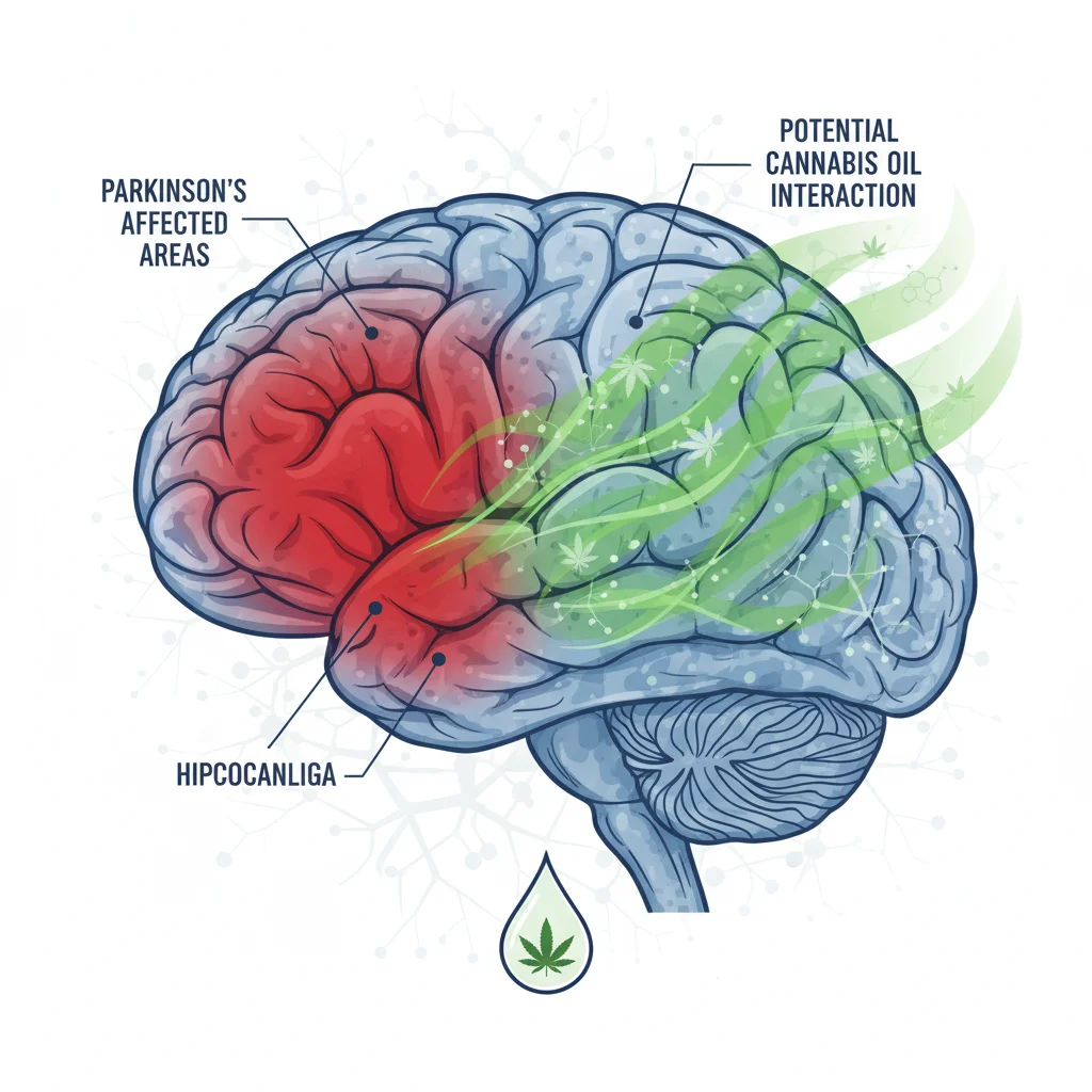 Ilustração do cérebro mostrando áreas afetadas pelo Parkinson e interações com óleo de cannabis.