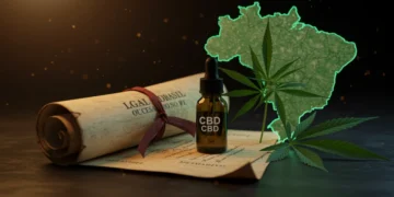 Documento legal e frasco de óleo de cannabis sobre mapa do Brasil, simbolizando a nova legislação e seu impacto.