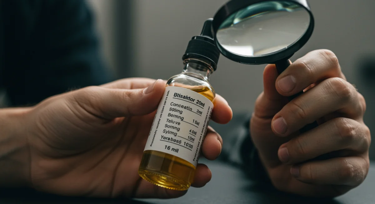 Pessoa lendo atentamente o rótulo de um frasco de óleo de cannabis para verificar a concentração de CBD.