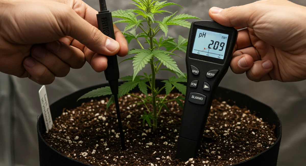 Medição do pH do solo de cannabis com um medidor digital, mostrando um valor equilibrado para o crescimento ideal da planta.