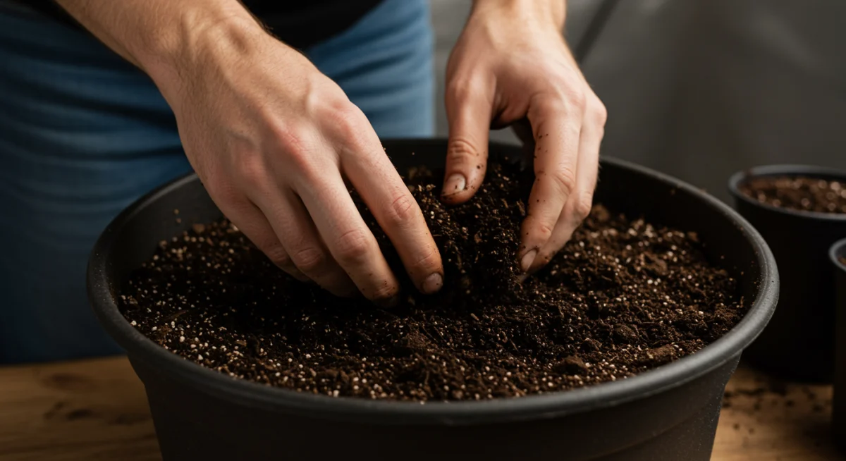Mãos de jardineiro misturando composto orgânico ao solo para cultivo de cannabis.