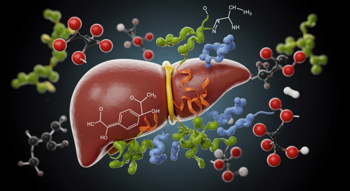Ilustração molecular de como canabinoides e fármacos interagem no nível enzimático do fígado, com ênfase no citocromo P450.