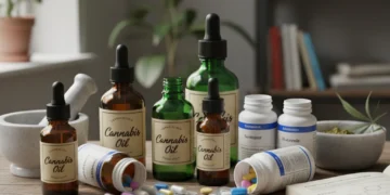 Óleo de cannabis e antidepressivos juntos em uma mesa de madeira.