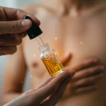 Óleo de cannabis para dor crônica: Protocolo brasileiro eficaz Pessoa aplicando óleo de cannabis sublingual para alívio da dor crônica, com foco no frasco e conta-gotas.
