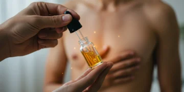 Pessoa aplicando óleo de cannabis sublingual para alívio da dor crônica, com foco no frasco e conta-gotas.