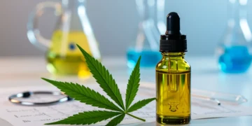 Frasco de óleo de cannabis com conta-gotas e folha de maconha, simbolizando tratamento e pesquisa médica no Brasil.