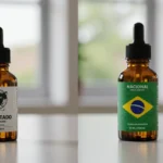 Comparativo visual entre um frasco de óleo de cannabis importado e outro nacional, destacando suas diferenças e origens.