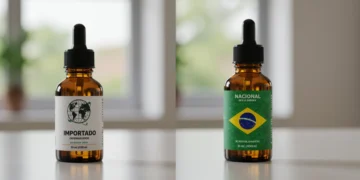 Comparativo visual entre um frasco de óleo de cannabis importado e outro nacional, destacando suas diferenças e origens.