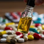 Óleo de Cannabis: 5 Interações Medicamentosas Cruciais em 2025 Frasco de óleo de cannabis com conta-gotas e pílulas diversas ao fundo, ilustrando interações medicamentosas.