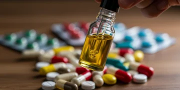 Frasco de óleo de cannabis com conta-gotas e pílulas diversas ao fundo, ilustrando interações medicamentosas.