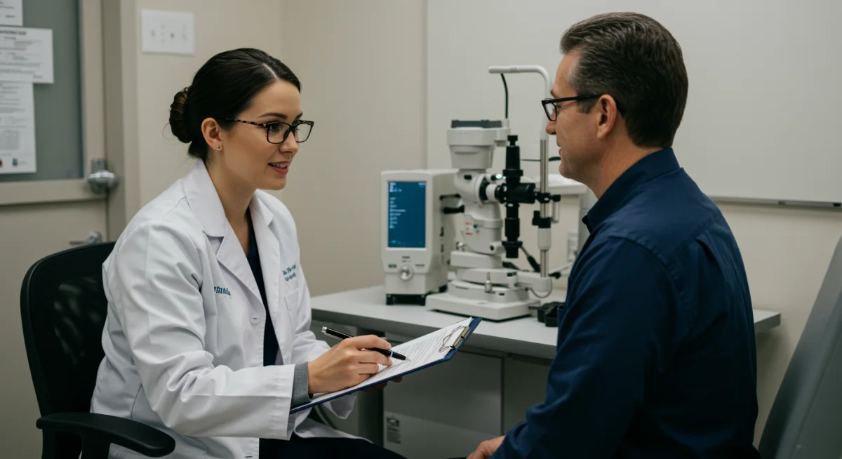 Paciente e oftalmologista discutindo opções de tratamento para glaucoma, incluindo terapias com cannabis.