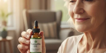 Paciente com Parkinson segurando óleo de cannabis com expressão calma.