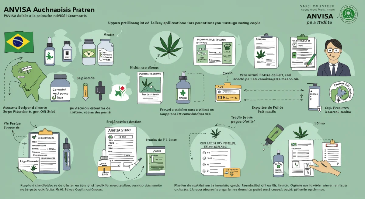 Infográfico detalhado com os passos para obter autorização da ANVISA para óleo de cannabis no Brasil, incluindo documentação e prazos.