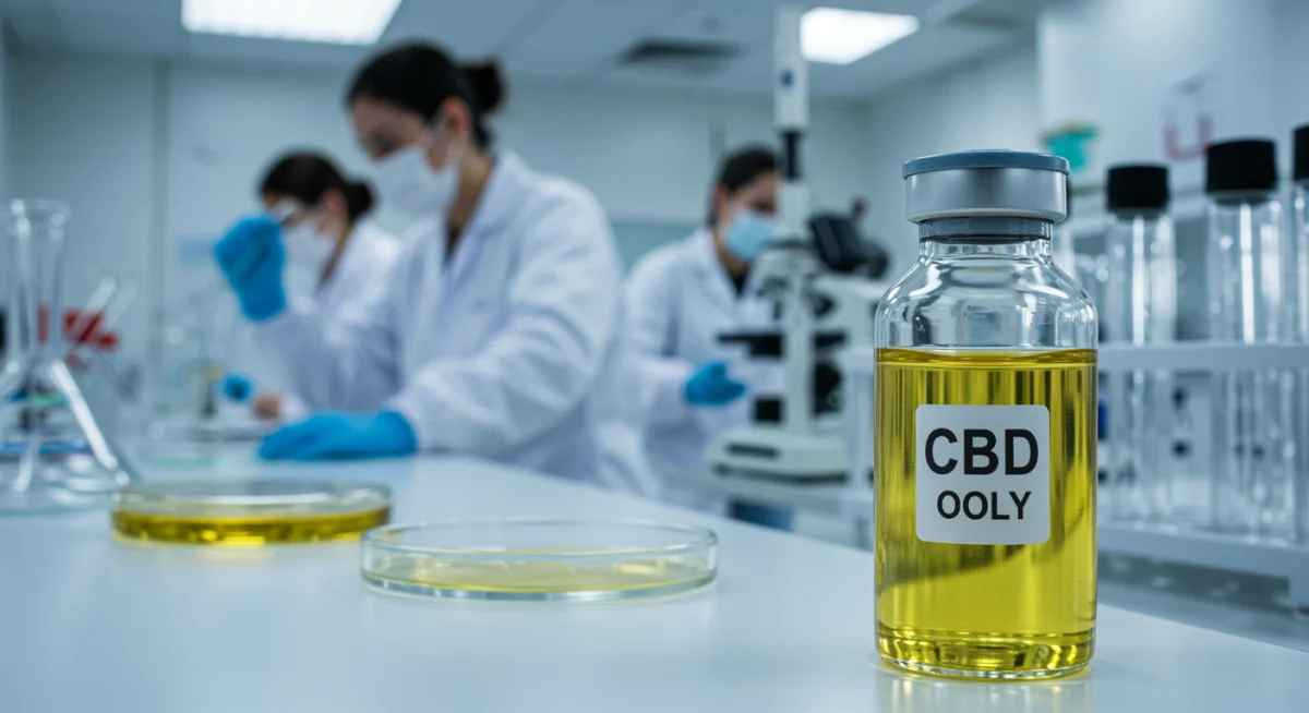 Pesquisadores em laboratório analisando amostras de canabidiol para tratamento de epilepsia.