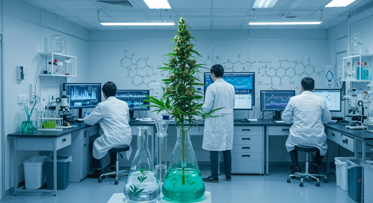Cientistas em laboratório analisando amostras de cannabis para pesquisa em saúde mental.
