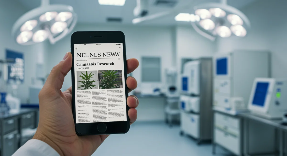 Pessoa consultando pesquisa científica sobre cannabis medicinal em um smartphone, ressaltando a importância da informação.