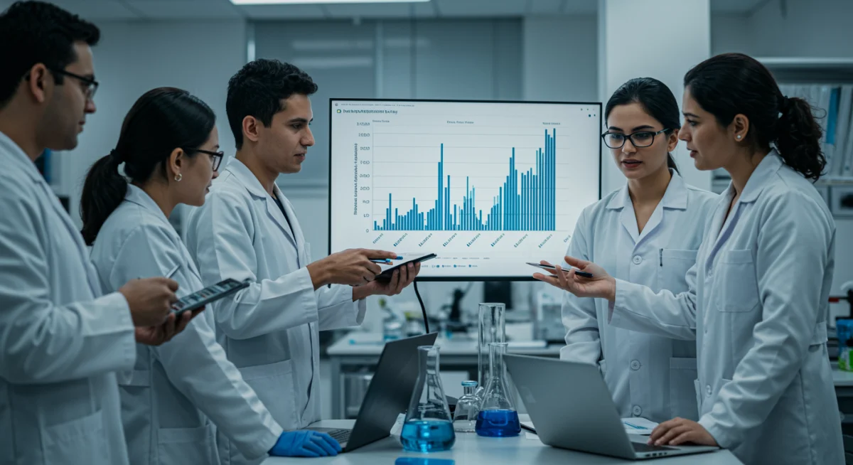 Médicos pesquisadores brasileiros analisando gráficos de redução de crises epilépticas em um laboratório.