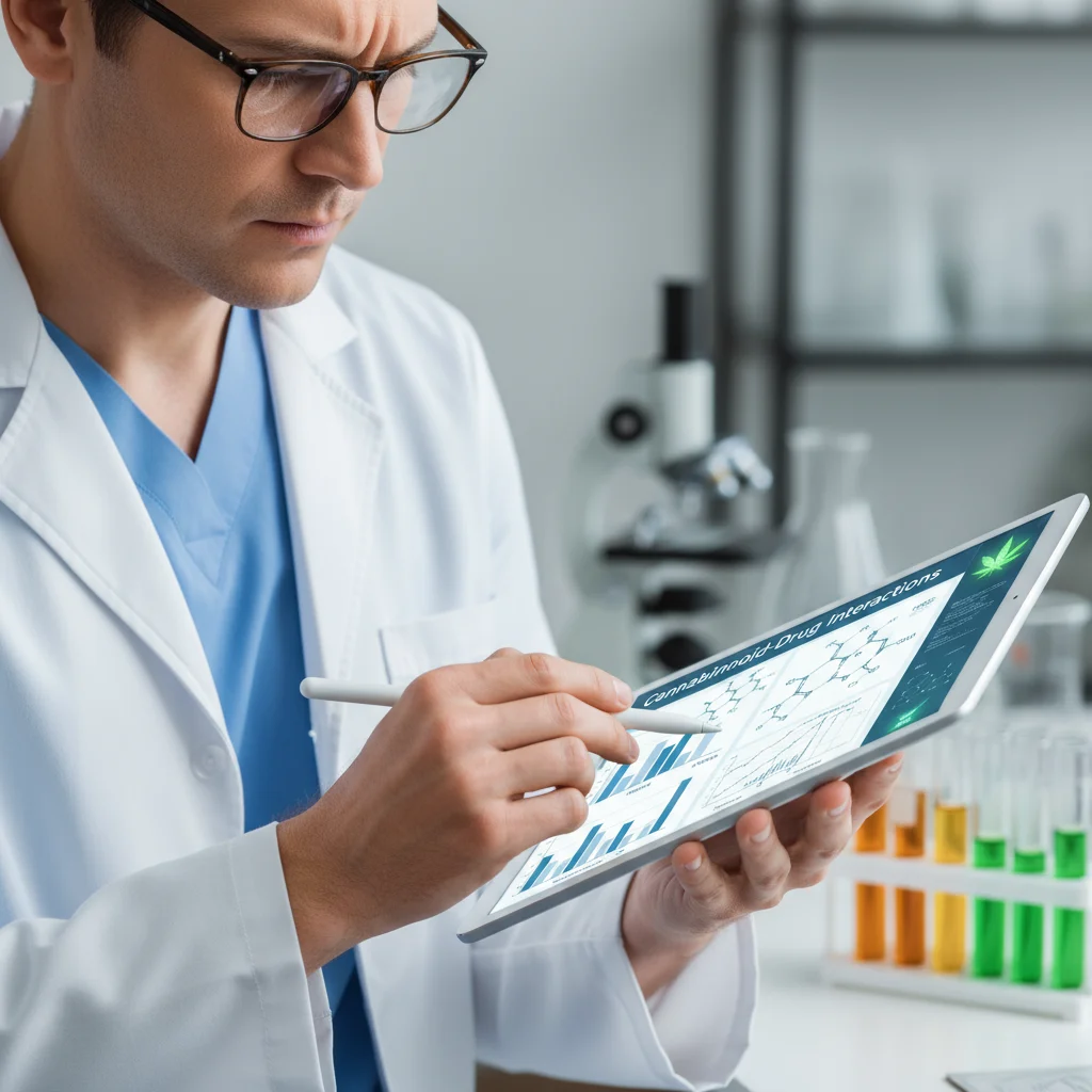 Profissional médico analisando dados sobre interações do óleo de cannabis.