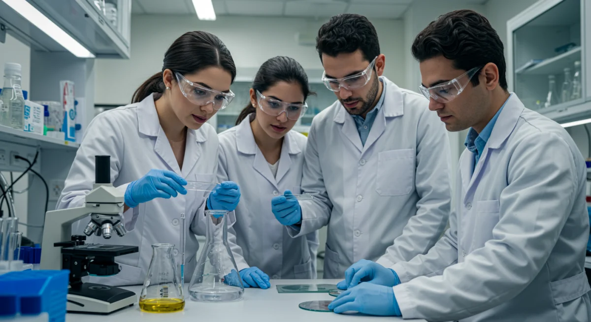 Pesquisadores brasileiros em laboratório discutindo descobertas sobre cannabis e doenças neurodegenerativas.
