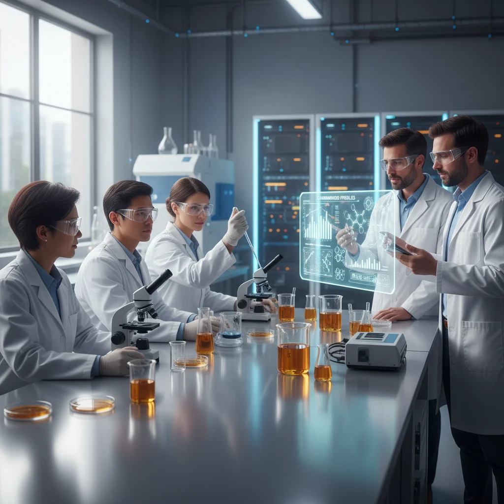 Pesquisadores analisando amostras de óleo de cannabis em laboratório.