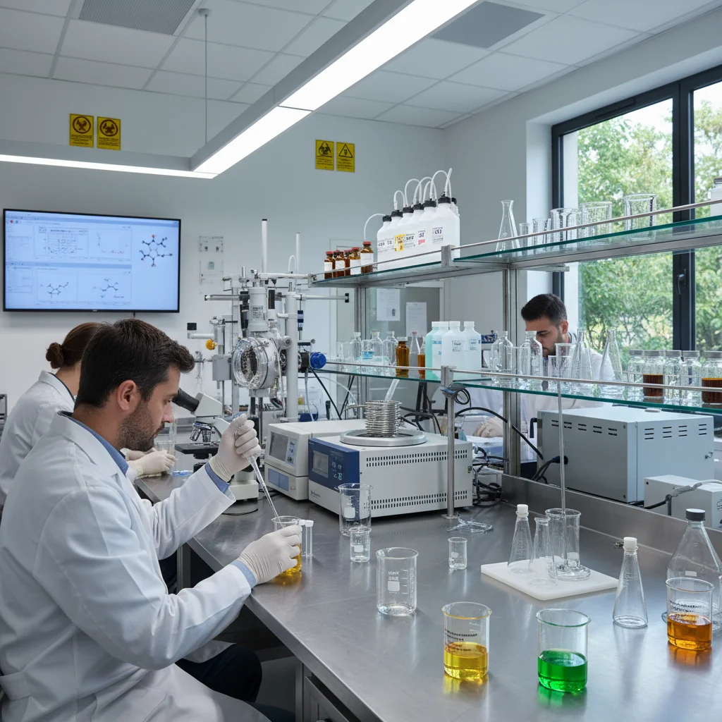 Pesquisadores analisando as propriedades do óleo de cannabis em laboratório.