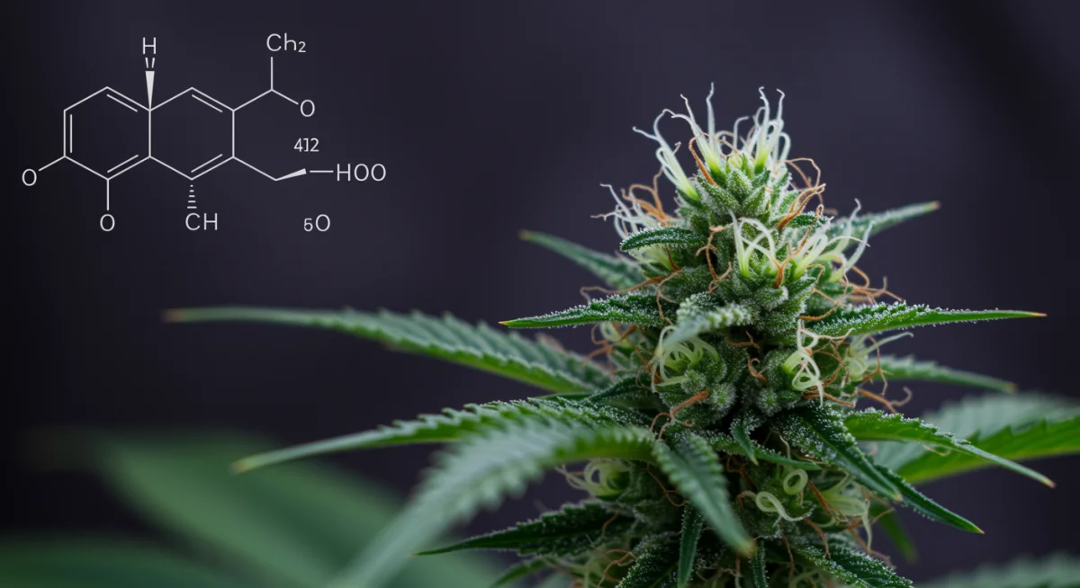 Detalhe de uma planta de cannabis com destaque para os tricomas, representando a fonte dos canabinoides e a ciência por trás de seus efeitos.