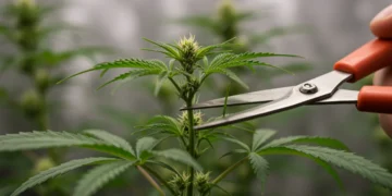 Mãos realizando poda cuidadosa em planta de cannabis para otimizar crescimento