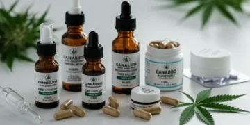 Variedade de produtos de cannabis com até 20% de CBD para alívio da dor crônica, incluindo óleos, cápsulas e cremes.
