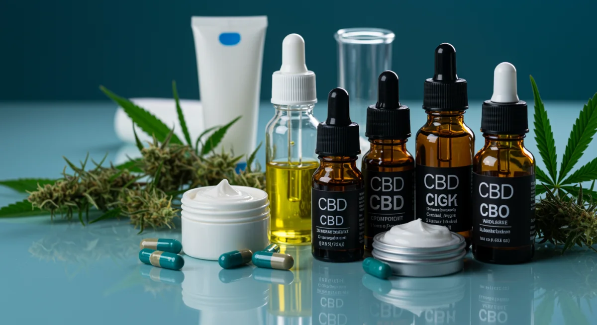 Diversos produtos derivados de cannabis, como óleos de CBD e cápsulas, em um ambiente médico.
