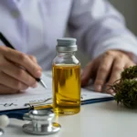 Óleo de Cannabis Legal no Brasil (2025): Guia Completo com Receita Médico escrevendo receita para óleo de cannabis em consultório, com frasco de óleo e estetoscópio na mesa, representando o processo legal no Brasil.