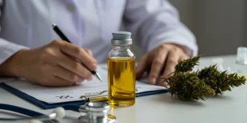 Médico escrevendo receita para óleo de cannabis em consultório, com frasco de óleo e estetoscópio na mesa, representando o processo legal no Brasil.