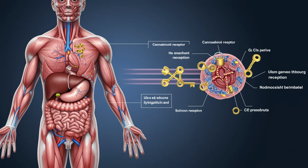 Ilustração do corpo humano com destaque para a distribuição dos receptores canabinoides CB1 e CB2 em diferentes órgãos e tecidos.