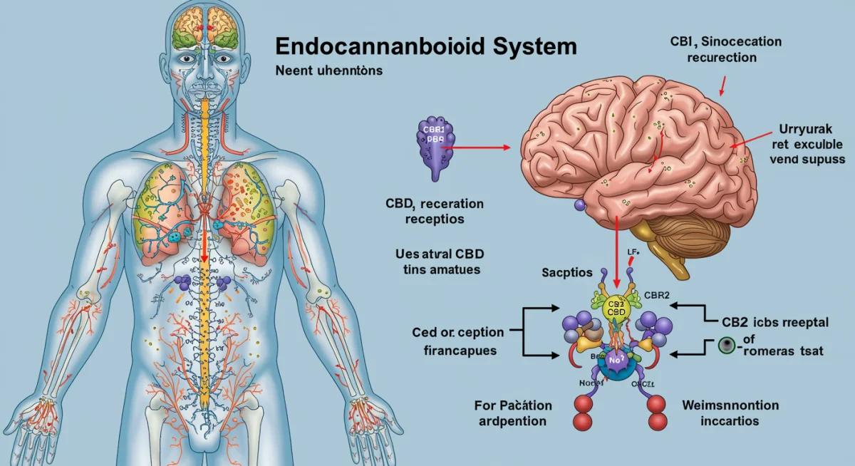 Diagrama do sistema endocanabinoide humano, destacando a interação do CBD com receptores no cérebro e corpo para controle da ansiedade.
