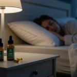 Cannabis para Insônia: 3 Opções Científicas em 2025 Pessoa dormindo tranquilamente em um quarto sereno, com produtos de cannabis discretos na mesa de cabeceira, simbolizando o alívio da insônia.