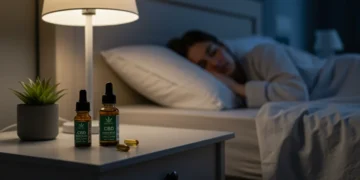 Pessoa dormindo tranquilamente em um quarto sereno, com produtos de cannabis discretos na mesa de cabeceira, simbolizando o alívio da insônia.