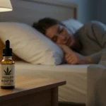 Óleo de Cannabis para Sono: Dicas e Dosagens por Especialistas Brasileiros 2025 Pessoa dormindo tranquilamente em um quarto sereno, com um frasco de óleo de cannabis na mesa de cabeceira, simbolizando melhora do sono.