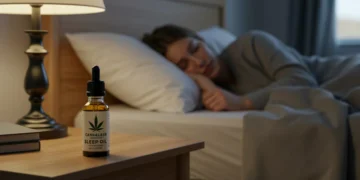 Pessoa dormindo tranquilamente em um quarto sereno, com um frasco de óleo de cannabis na mesa de cabeceira, simbolizando melhora do sono.