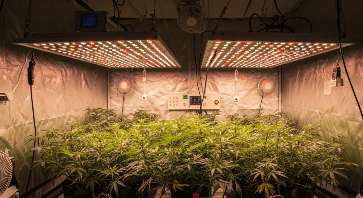 Tenda de cultivo indoor com iluminação LED moderna, ambiente controlado e plantas de cannabis bem iluminadas.