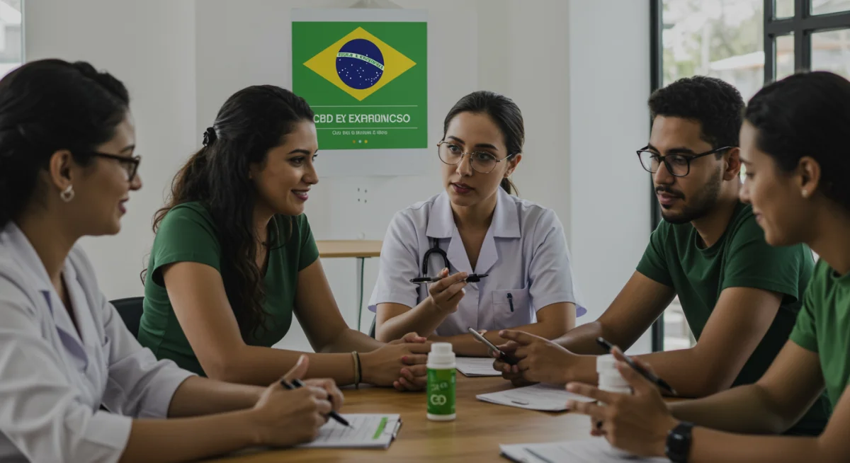 Grupo de usuários brasileiros de CBD discutindo suas experiências e o impacto do uso contínuo na saúde.