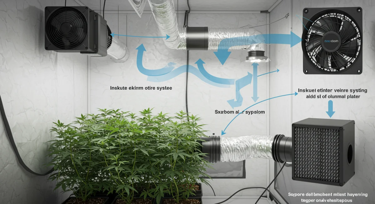 Sistema de ventilação em estufa de cultivo indoor, com exaustores e filtros de ar, ilustrando a importância da circulação adequada para a saúde das plantas de cannabis.
