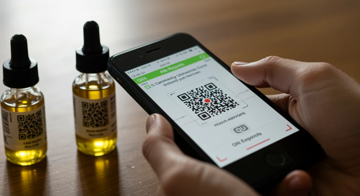 Pessoa escaneando um código QR no rótulo de um produto de óleo de cannabis para verificar autenticidade.